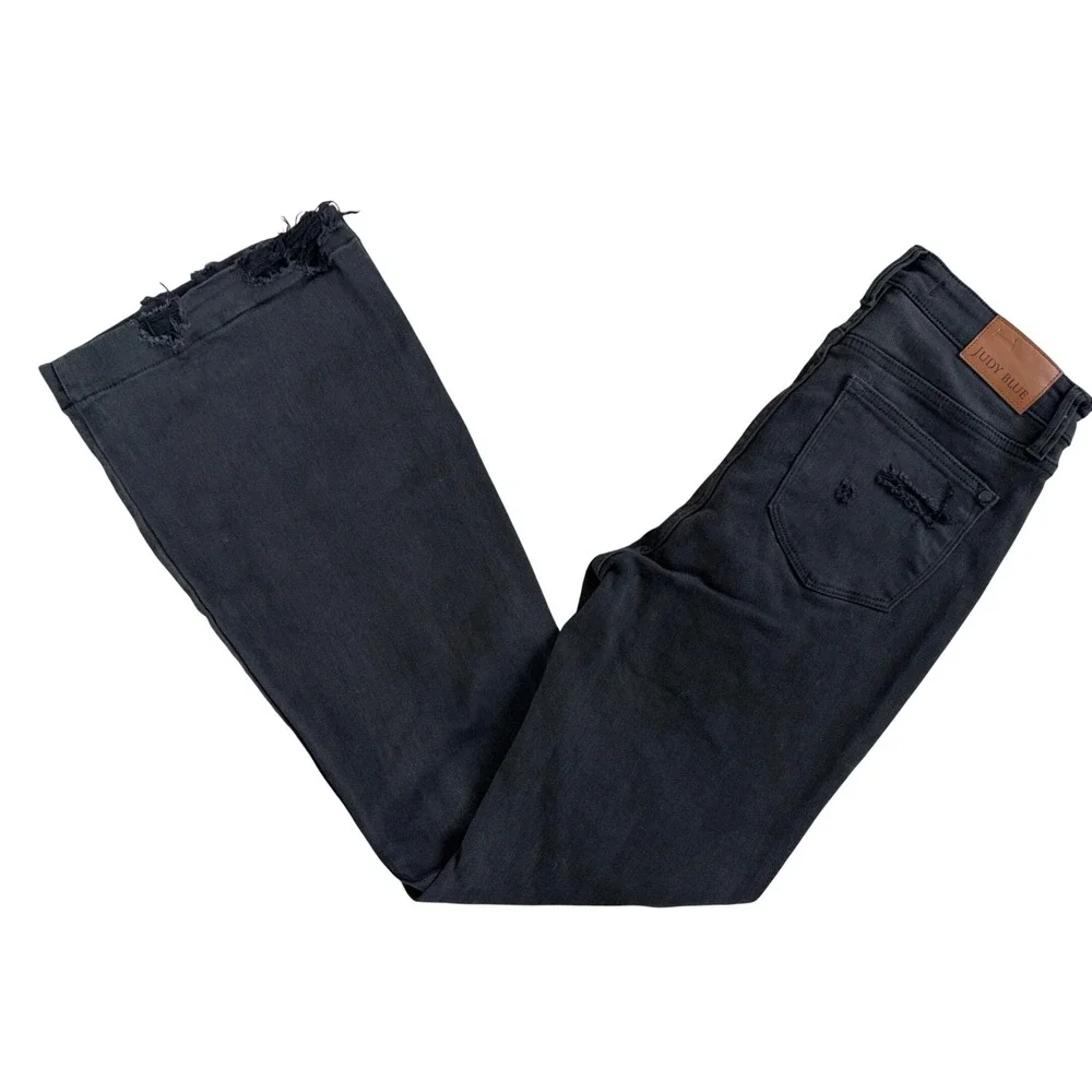 Judy Blue Los Angeles Washed Black High Rise Distressed Flare Jeans Womens 9/29‎
